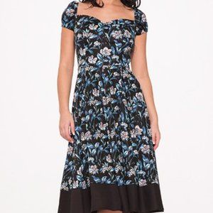 Hearts & Roses London Size Small Black/Blue/Tan Floral Michelle A-Line Dress